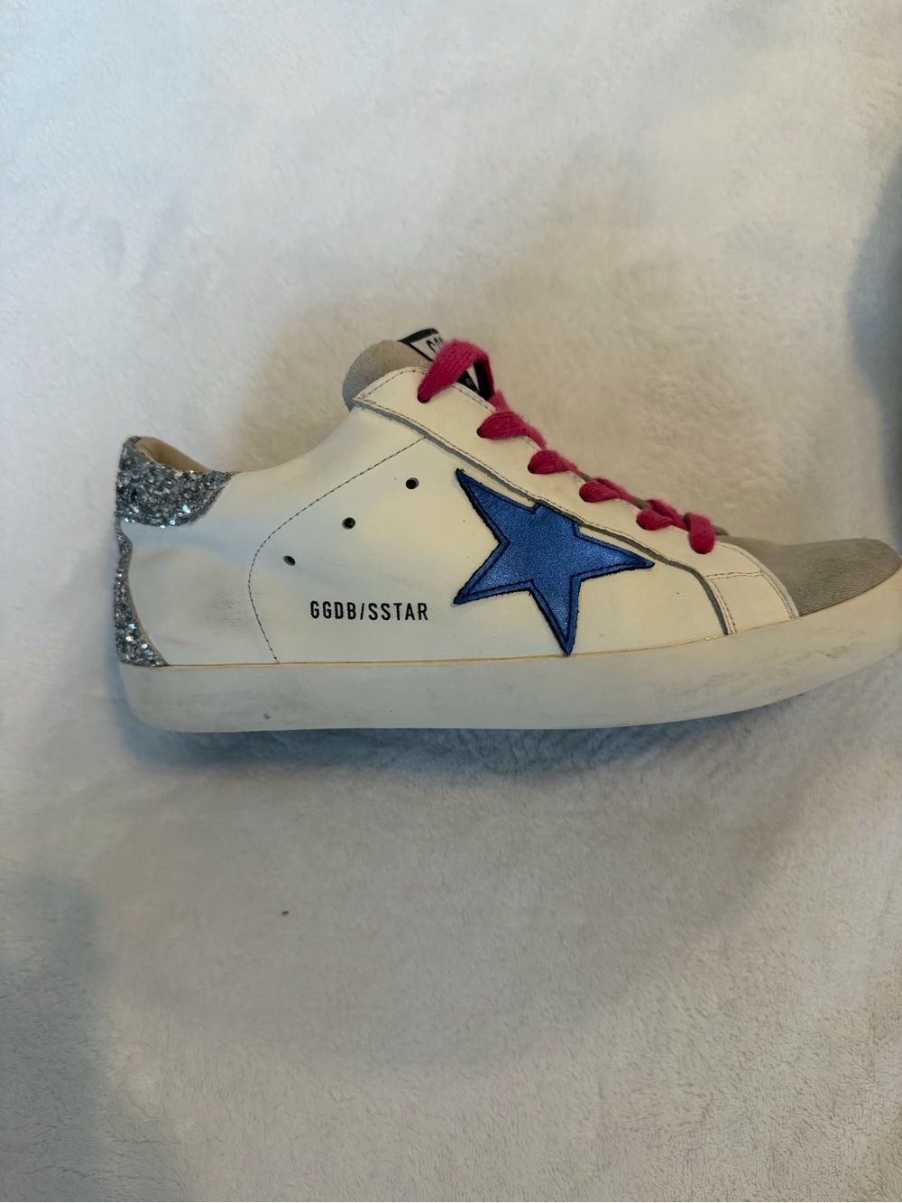 Golden Goose White Leather Sneakers with Blue Star and Pink Laces - Picture 3 of 16